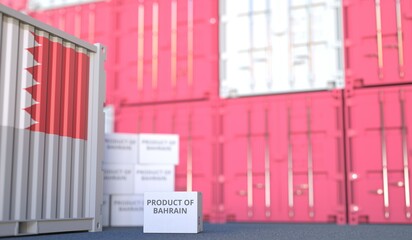 PRODUCT OF BAHRAIN text on the cardboard box and cargo terminal full of containers. 3D rendering