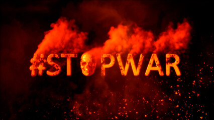 Text stopwar with scary human skull on burning background - abstract 3D illustration