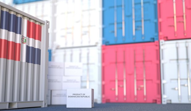 Carton with PRODUCT OF DOMINICAN REPUBLIC text and many containers, 3D rendering
