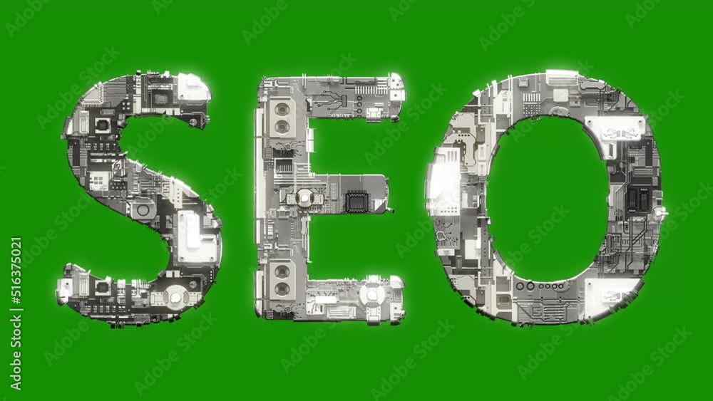 Poster silver grey cybernetical text seo with animation on green screen, isolated - loop video