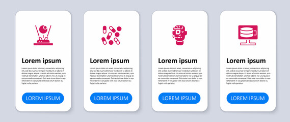 Set Cloud database, Smart glasses on spectacles, Medical pill biohacking and Hologram. Business infographic template. Vector