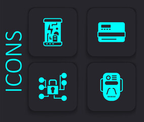 Set Artificial intelligence robot, Cryogenic capsules, Credit card and Cyber security icon. Black square button. Vector