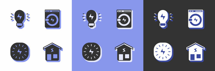 Set Smart home, Creative lamp light idea, Lightning bolt and Washer icon. Vector