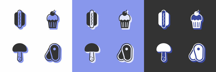 Set Steak meat, Hotdog, Mushroom and Muffin icon. Vector