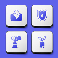 Set Iceberg, Shield with leaf, CO2 emissions in cloud and Electric saving plug icon. White square button. Vector