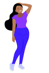 Fototapeta na wymiar Portrait of a cartoon cheerful overweight dark-skinned girl isolated on white, flat vector, the girl stands with one hand behind her head