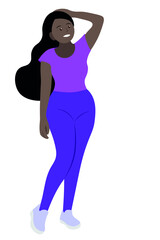 Portrait of a black cartoon overweight cheerful girl, isolated on white, flat vector, the girl stands with one hand behind her head