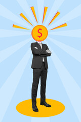 Vertical collage picture of confident person black white colors crossed arms money coin instead...