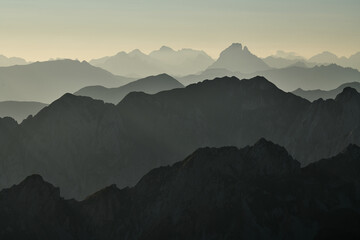 View of the Pyrenees at sunrise with the Midi d'Ossau in the top