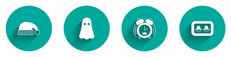 Set Sleeping hat, Ghost, Alarm clock and Earplugs with storage box icon with long shadow. Vector