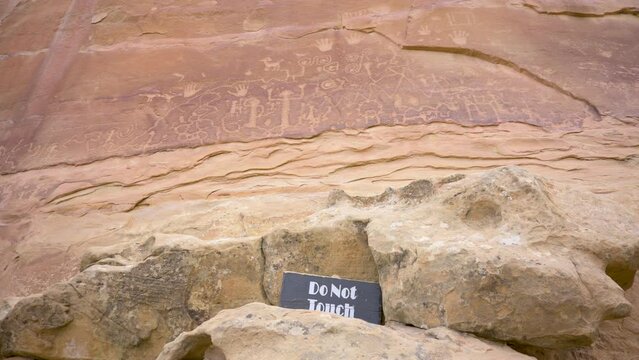 Looking up at Petroglyphs from Ancestral Puebloan in Mesa Verde National Park, handheld