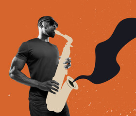 Excited man playing hand-drawn saxophone on orange background. Modern design. Conceptual,...