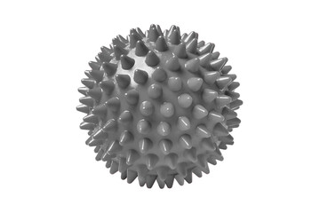 Gray plastic spiny massage ball isolated on white. Concept of physiotherapy or fitness. Closeup of a colorful rubber ball for dog teeth on a white color background. Corona virus model.