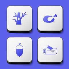 Set Bare tree, Roasted turkey or chicken, Acorn and Wooden log icon. White square button. Vector