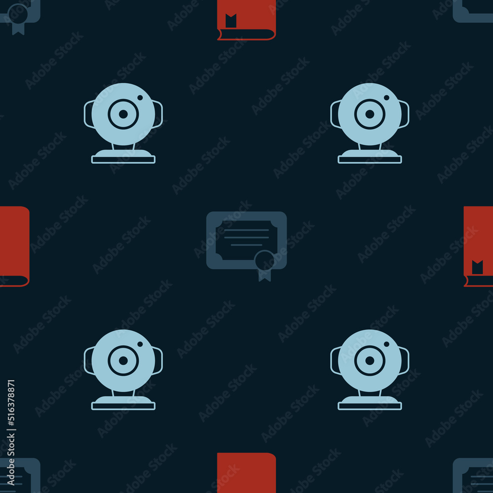 Poster set book, certificate template and web camera on seamless pattern. vector