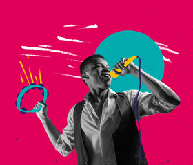 Singer with drawn microphone on bright colorful background. Contemporary art collage, modern...