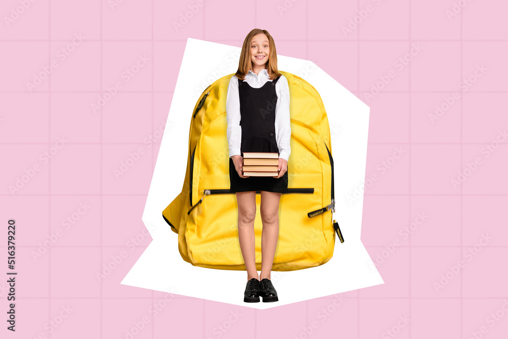 Sticker Discount banner collage of teen school child enjoy buying supply hold stack textbook bag isolated paint background