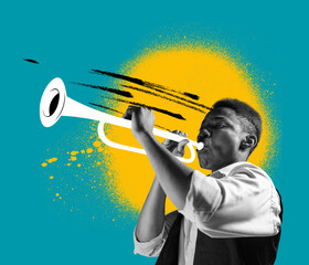 Creative retro design. Contemporary art collage of young stylish man playing hand-drawn trumpet isolated over blue-yellow background
