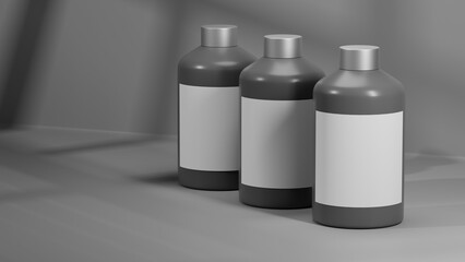 Realistic minimal composition. Three large bottles of gray color. Packaging. Product presentation template. On a gray background. Copy space. Place for text. 3D rendering. Render.