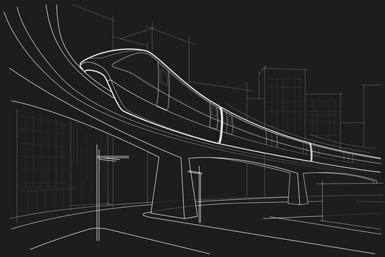 Linear abstract architectural sketch city street with monorail on black background
