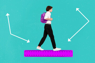 Advertisement banner collage of school boy step on ruler courses seminar isolated green board...