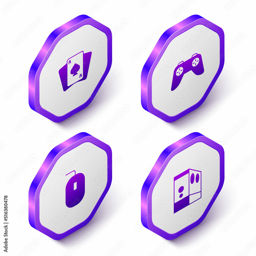 Poster set isometric playing cards, game controller or joystick, computer mouse and case of computer icon. 