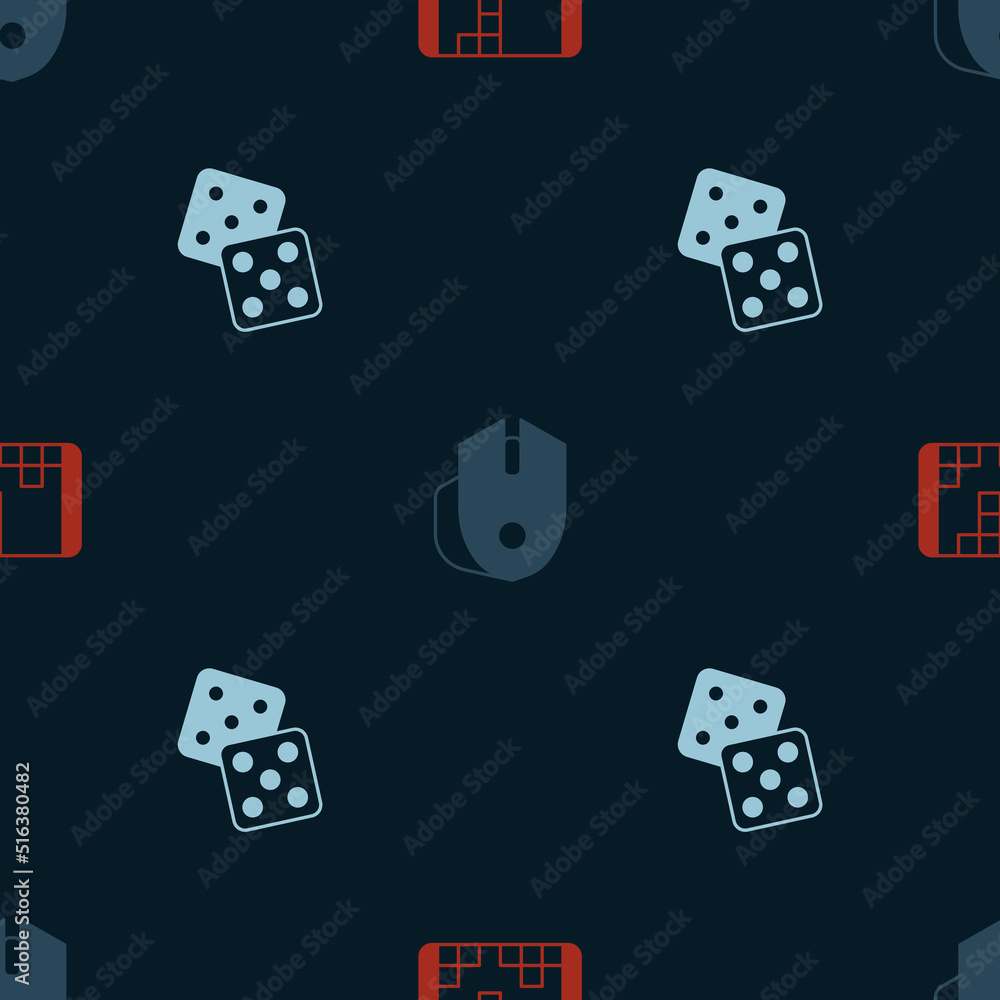 Poster set portable video game console, computer mouse and game dice on seamless pattern. vector
