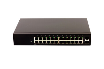24-port gigabit switch black color isolated on white background. Components to create local area...