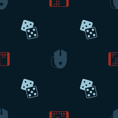 Set Portable video game console, Computer mouse and Game dice on seamless pattern. Vector