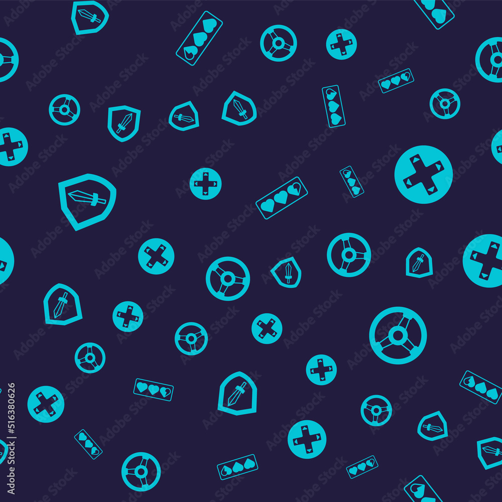 Poster set sword for game, game controller joystick, life bar and racing simulator on seamless pattern. vec