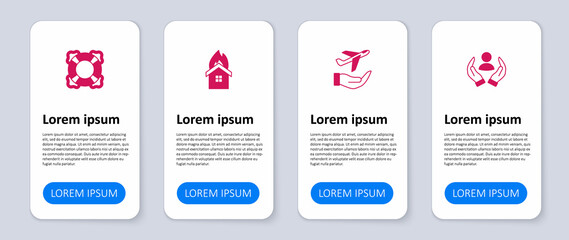 Set Life insurance, Plane hand, Fire burning house and Lifebuoy. Business infographic template. Vector