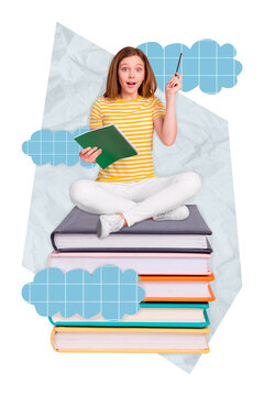 Image collage poster of amazed teen school child sit textbook stack prepare exam report brilliant thought