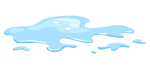 Water spill puddle. Blue liquid various shape in flat cartoon style. Vector fluid design element isolted on white background