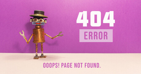 404 error page not found. Toy robot on purple beige background.