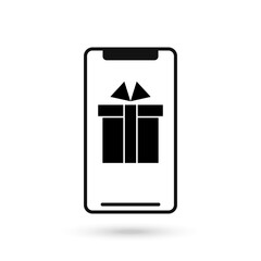 Mobile phone flat design icon with present gift icon