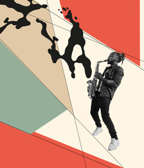 Young stylish man playing saxophone on absract background. Modern design. Conceptual, contemporary art collage. Soul music, festival, ad