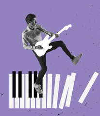 Contemporary art collage of young man palying hand-drawn guitar standing on piano keys isolated...