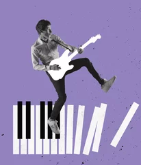Poster Contemporary art collage of young man palying hand-drawn guitar standing on piano keys isolated over purple background. Melody of life © master1305