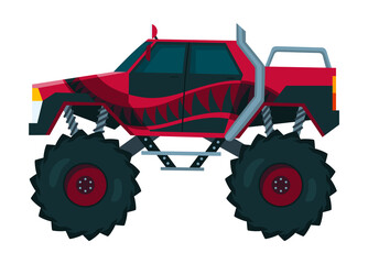 Monster truck. Bright colorful cartoon auto with big wheels. Heavy car with large tires and black tinted windows. Isolated rally 4x4 computer or mobile game © designer_things