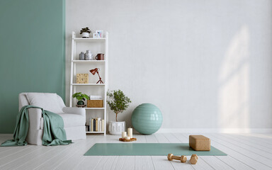 Training at home with yoga mat yoga ball and dumbbell.Concept for fitness healthy sport.3d rendering