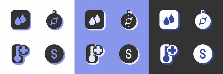 Set Compass south, Water drop, Thermometer and icon. Vector