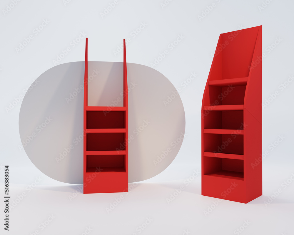 Poster supermarket pos poi cardboard floor display rack, blank empty advertisement stand mock up, 3d render