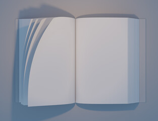 opened book, catalog, brochure, magazine template, white curled pages, 3d rendering	