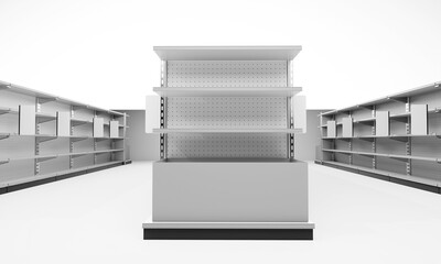 Blank shelf stoppers in a row, Empty shelves in supermarket, White banner attached to shelf, 3D rendering
