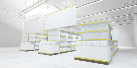 Blank product box with white hangers, Shelves in supermarket, Banner hangging in store, 3D rendering