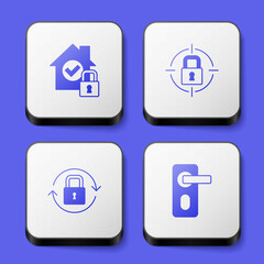 Set House under protection, Lock, and Fingerprint door lock icon. White square button. Vector