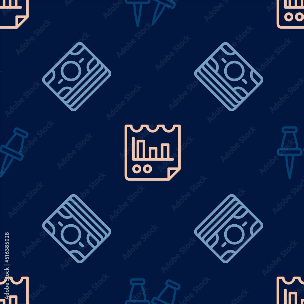 Aufkleber set line push pin, stacks paper money cash and document with graph chart on seamless pattern. vector