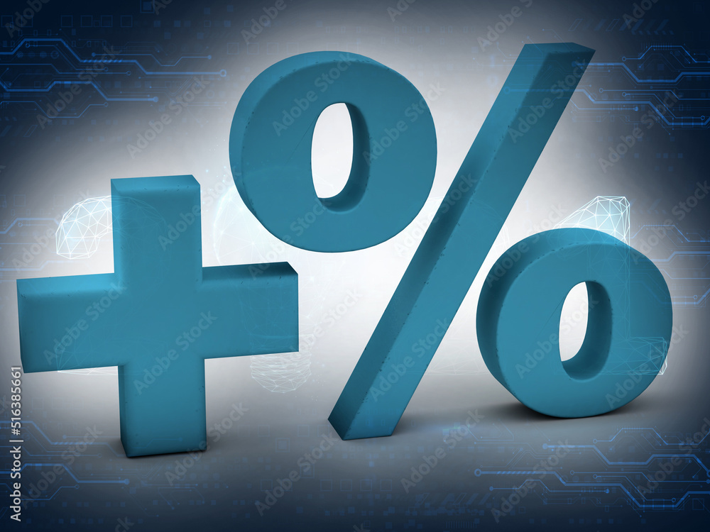 Poster 3d rendering plus and percentage sign in digital background