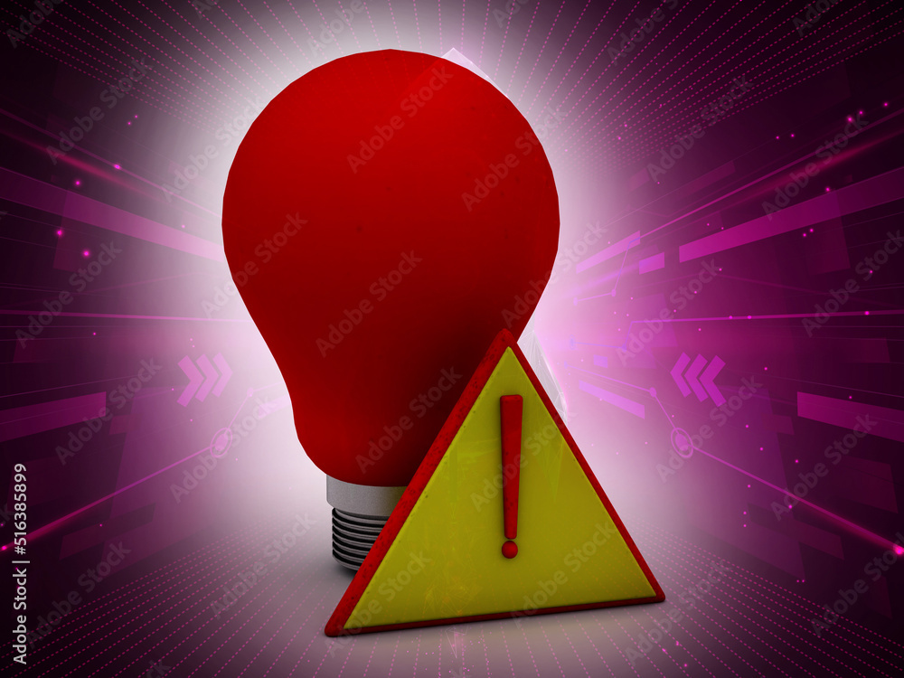 Poster 3d rendering bulb and alert sign in digital background