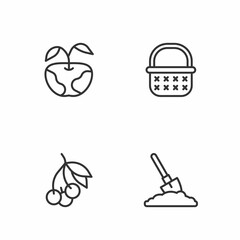 Set line Shovel in the ground, Fresh berries, Apple and Wicker basket icon. Vector